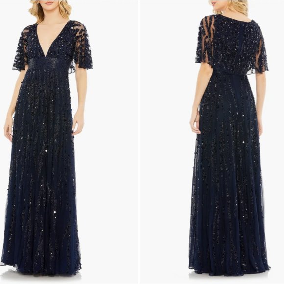 MAC DUGGAL 93784 EMBELLIHSED V-NECK MIDNIGHT NAVY COLUMN GOWN sz 12 - Picture 4 of 4